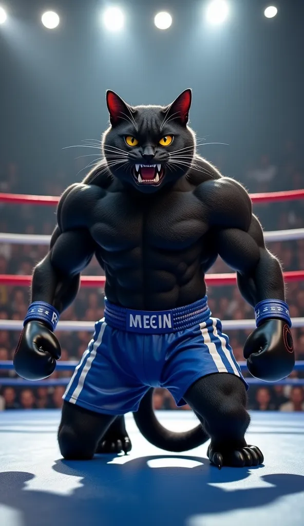 The image features a muscular black cat with a ferocious, angry facial expression, kneels on the boxing ring with a ready to fight stance. His body is very burly with protruding muscles,  reflecting the incredible power . He is wearing blue boxing pants wi...