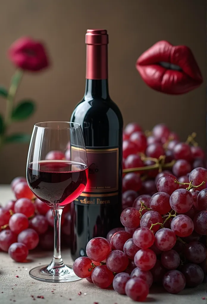 bottle of wine，The wine glass is filled with red wine，bunch of grapes ，still life photograph，lips