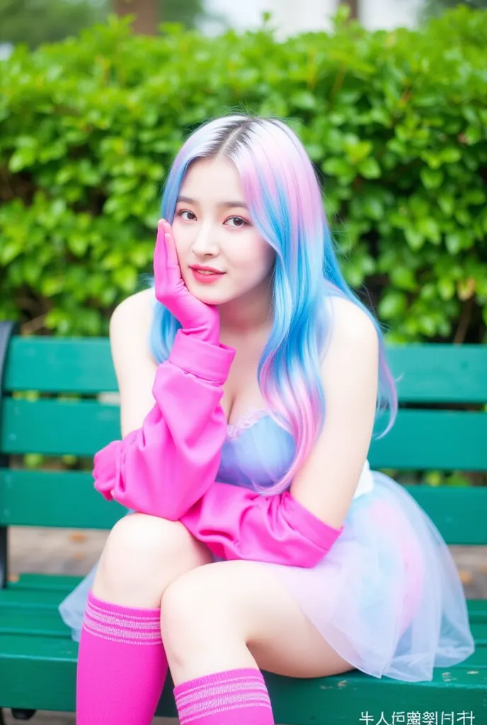 Image is a vibrant, colorful portrait featuring a person sitting on a green wooden bench in an outdoor setting with lush greenery in the background. The subject has light skin and is wearing a pastel-colored wig with shades of blue and pink. They are dress...