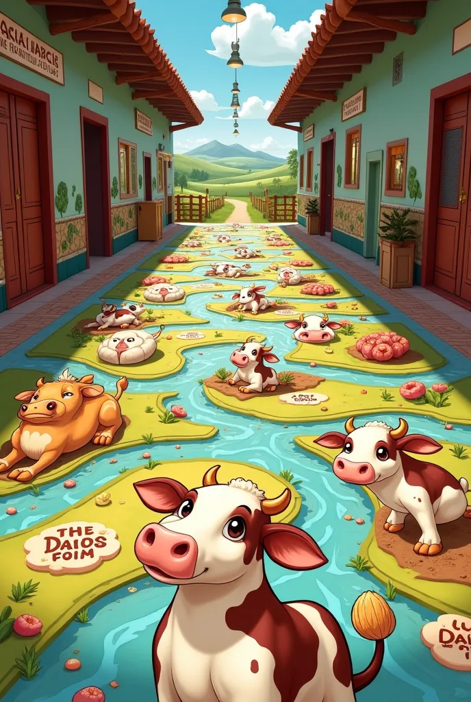 murals on the floor with images and phrases that reflect the tradition and commitment to quality of a dairy company called "Jochito Dairy Products"