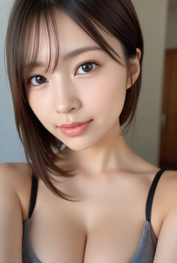 (   Top Masterpiece:1.2), (  RAW photo :1.2),  Professional Photos, double eyelids, long eyelashes, perfect makeup、 realistic and beautiful skin  , perfect anatomy,(  proportioned body  ,slim waist ,belly button, naked:1.3), Shortcut Hair ,  Studio Lightin...