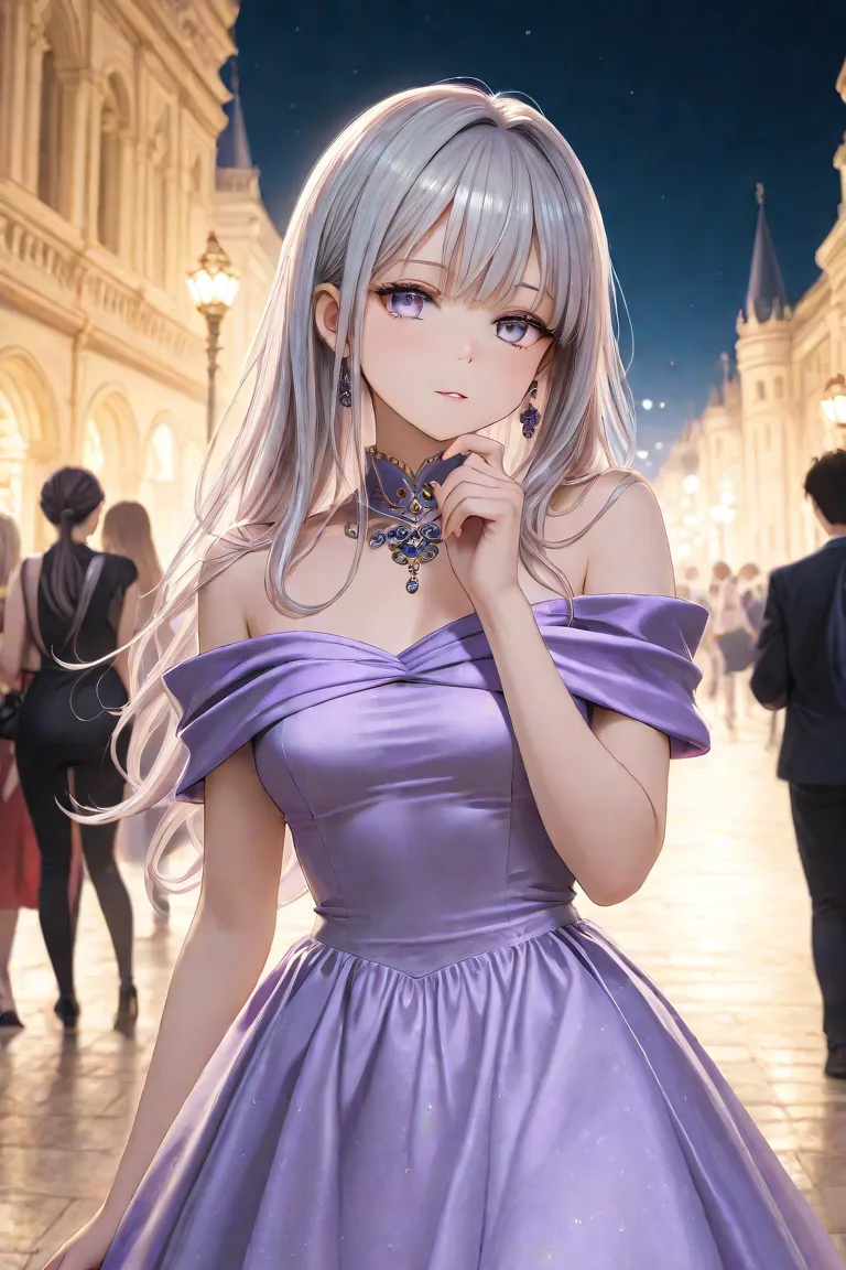  Silver Hair、long hair、light purple eyes、Royal Palace、party in public、night、light purple shoulder dress