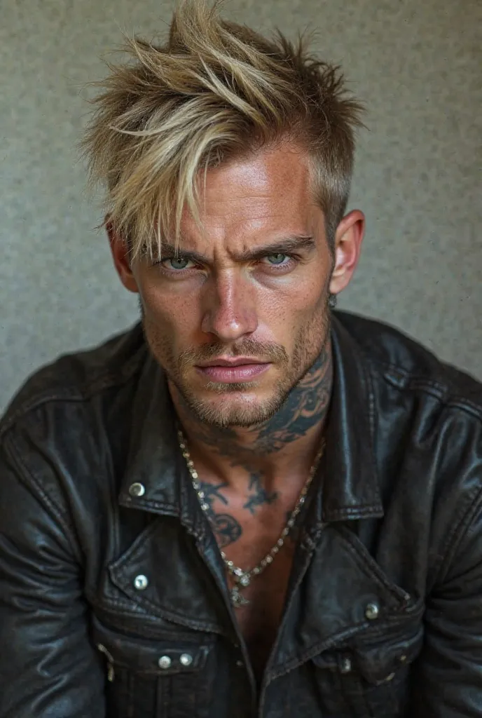 I need a blond man. He has a tattoo on his neck and He gives an angry image in his eyes, But can you smile. He has dark hair roots. Full body. Alternative, grunge and rock clothing.