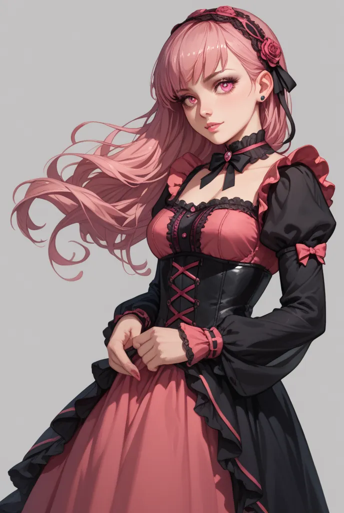 The full body of a beautiful blond girl with pink eyes who came to play Gothic Lolita