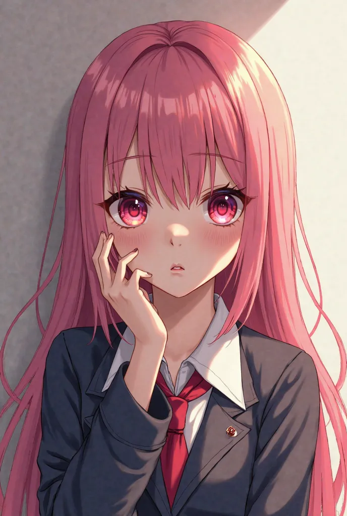 Long-haired female high school student with pink hair. red eyes. Japan 2d. frowning