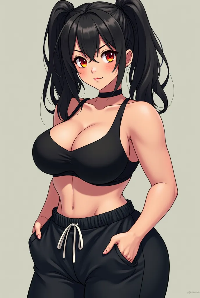 A short, slim and super curvy woman with a hourglass figure, small waist and wide hips, black Hair, Twintails, massive breasts, siren eyes, red and yellow Heterochromia, Wearing sports bra and, low ride sweatpants