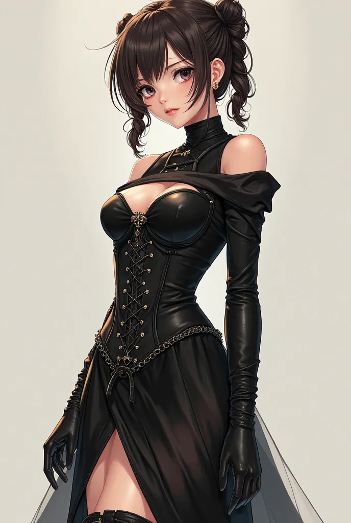 18 year old girl in a black dress With a corset and with a hairstyle, two chunks wearing high boots with an angle at the back, short hair and a little bit of an anime-style brunette.