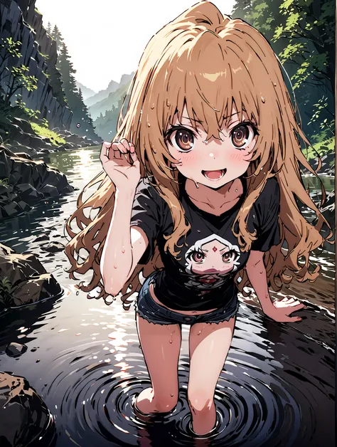 score_9, score_8_up, score_7_up, source_anime,
Taigaisaka, Aisaka Taiga, long hair, brown hair, brown eyes,ponytail,smile,open your mouth,plain black t-shirt,belly button sticking,denim micro shorts,Bare legs,wet skin,wet hair, wet clothes,in line of sigh...