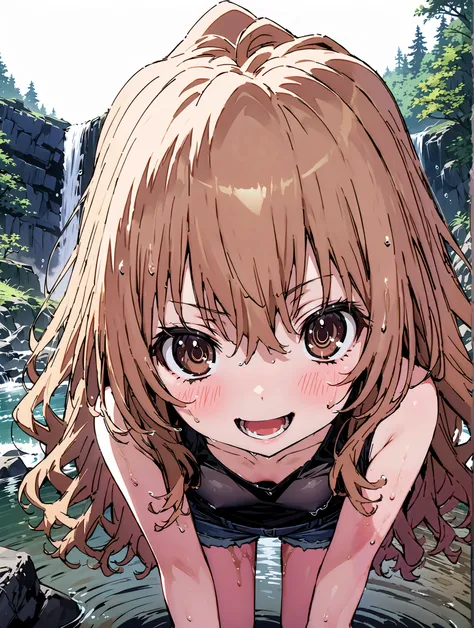 score_9, score_8_up, score_7_up, source_anime,
Taigaisaka, Aisaka Taiga, long hair, brown hair, brown eyes,ponytail,smile,open your mouth,plain black t-shirt,belly button sticking,denim micro shorts,Bare legs,wet skin,wet hair, wet clothes,is standing,riv...