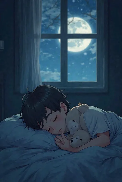 Boy sleeping with a stuffed animal in his dark room in the background of the window the anime-like moon 