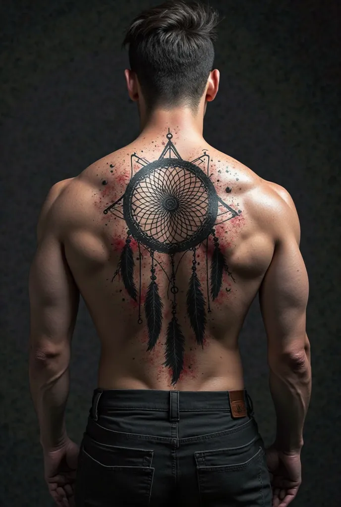 tattoo design for male: back shoulder tattoo, design is dream catcher, color scheme is black, gray and minimal touch of red only.