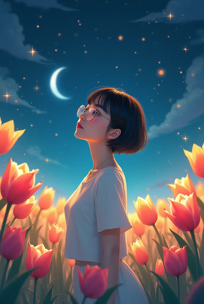 a girl with short hair and glasses,  TULIPS, Star and Moon 