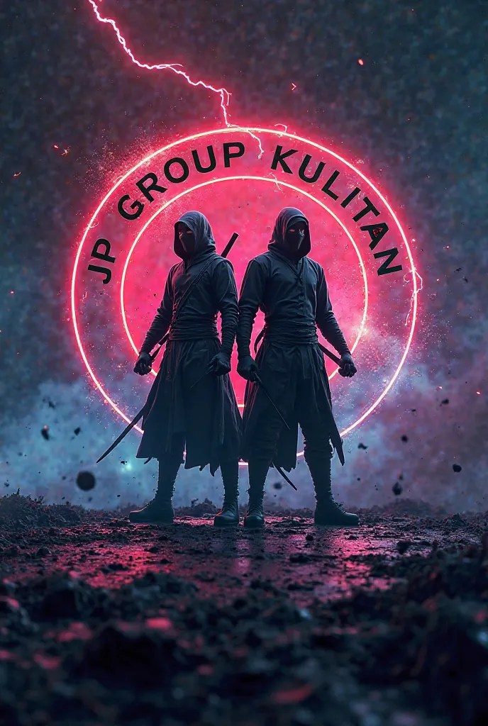 create a real circle logo, with two ninja assassin inside the circle logo. with big name " JP GROUP KULITAN " and neon storm light background 3d hd hyper