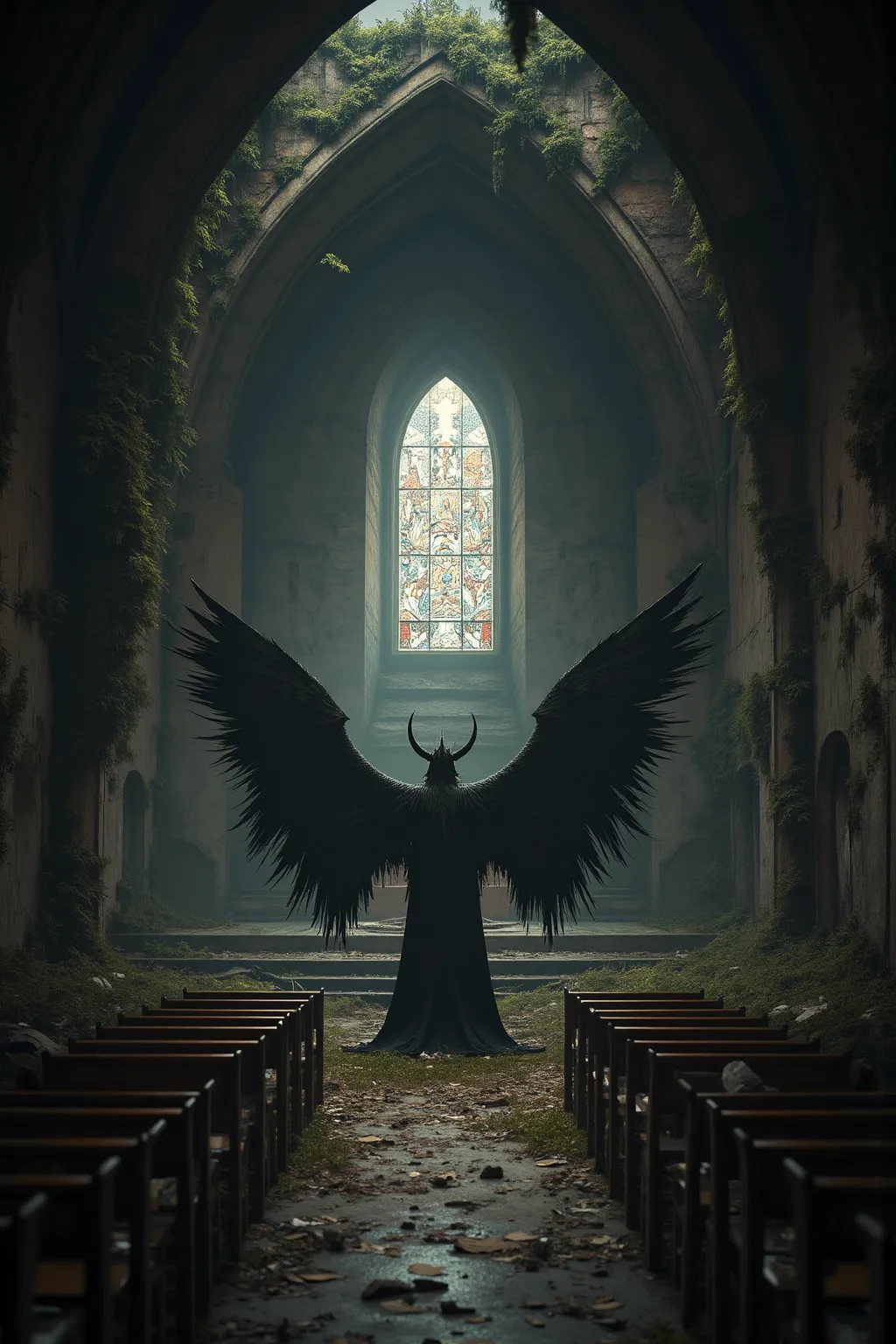 high quality photo quality with black wings and sharp horns。left unattended for many years、A Japanese-Western fusion altar in a dark chapel that almost collapsed。Moss is entangled、faint light shines through broken stained glass。chairs where no one sits dow...