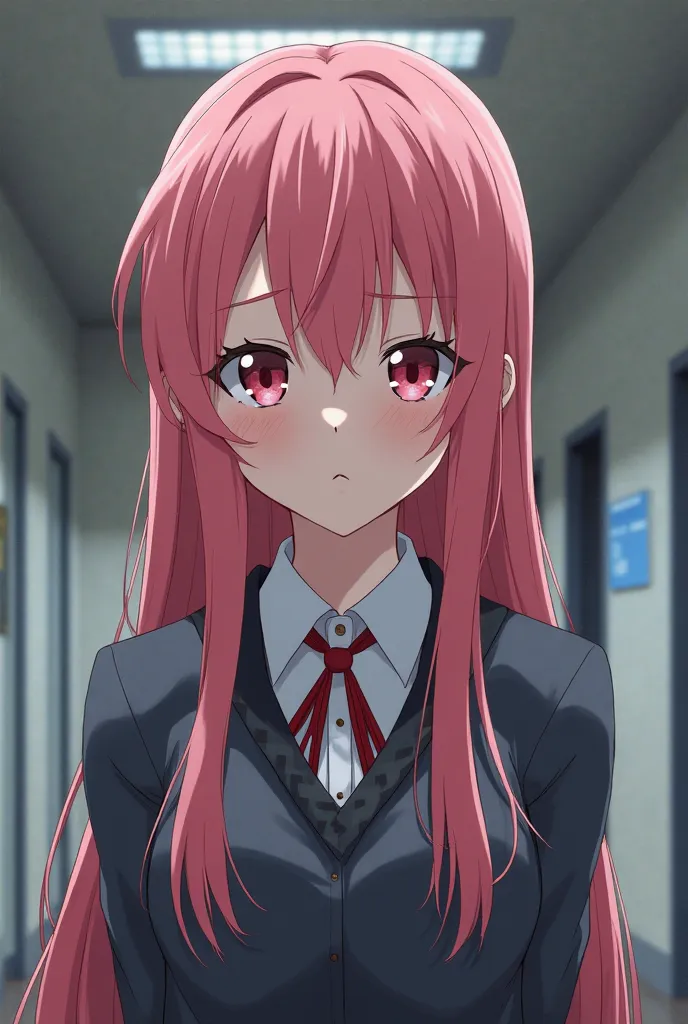 Long-haired female high school student with pink hair. red eyes. Japan 2d. Dissatisfied. Upper body only