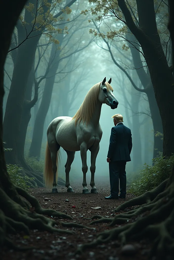 A white horse is sick in the deep forest. The horse is infected with numerous pathogens. US Prime Minister Donald Trump is about to inject the horse.