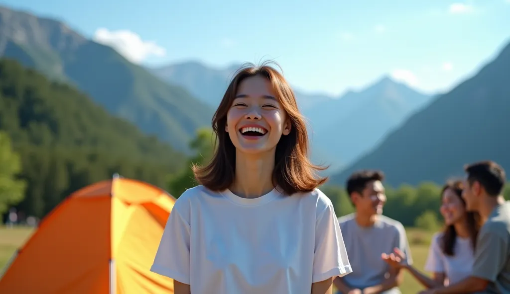 8k, RAW photo, top quality, masterpiece, realistic, photorealistic,  The location is a campsite 、I can see a tent, mountains, and blue sky in the background、The main character is a beautiful 21-year-old Japanese woman cooking barbecue with a few friends、Sh...