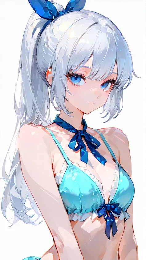 걸작, quality, High Resolution,  long hair, ponytail,  blue eyes, 1 female, alone,  blue ribbon,  lashes, Neck Ribbon, (bikinis),  bangs, clavicle, Bare arms , white background, Front, There is no scenery, looking at viewers,Upper body, solid color backgroun...