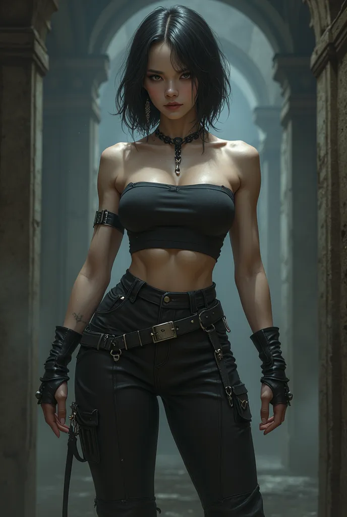 ArsMJStyle, dnddarkestfantasy, amazonian Korean woman, butch, pale, short hair, broad shoulders, muscular biceps, cocky smile, punk, casual black clothes, jock goth