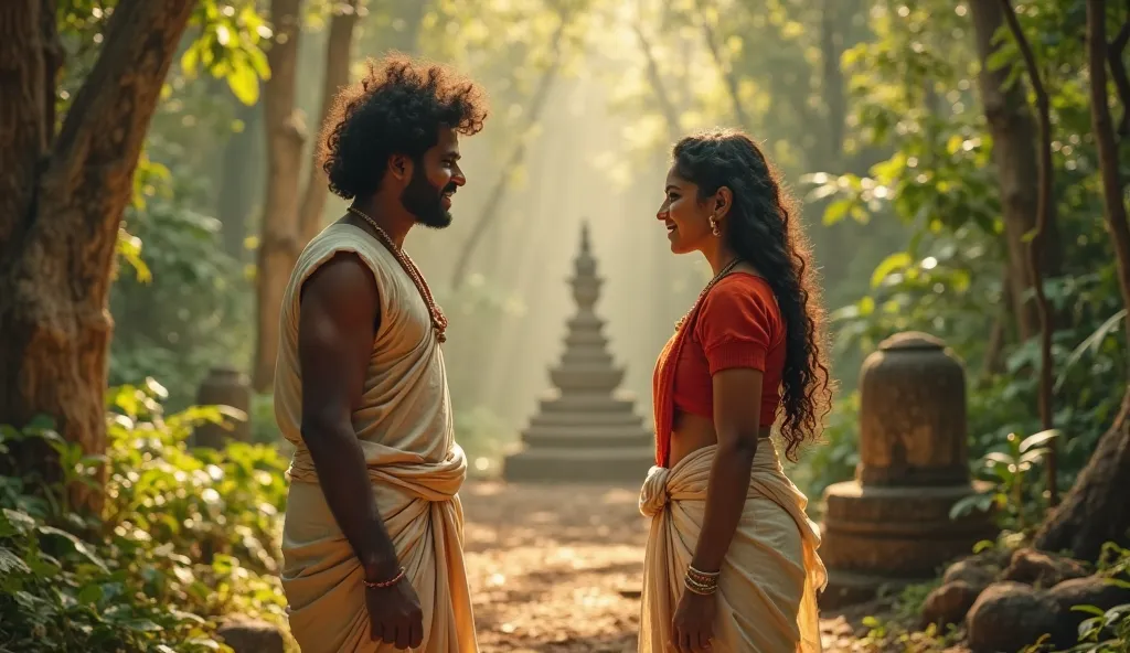 A malayalee young man  round face curly hair and his lover stand facing each other in a traditional Kerala grove, surrounded by lush greenery and ancient sacred trees. The man wears a classic Kerala mundu, while the woman is dressed in a red Kerala-style b...