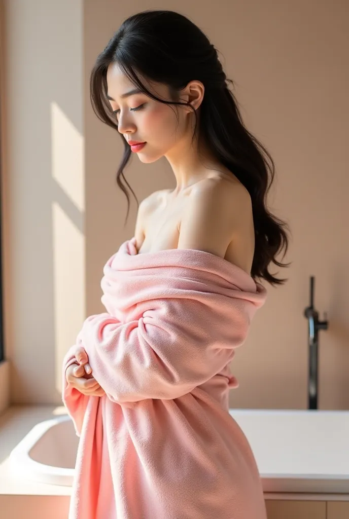 ASIAN WOMAN with pink towel standing in the bathroom 