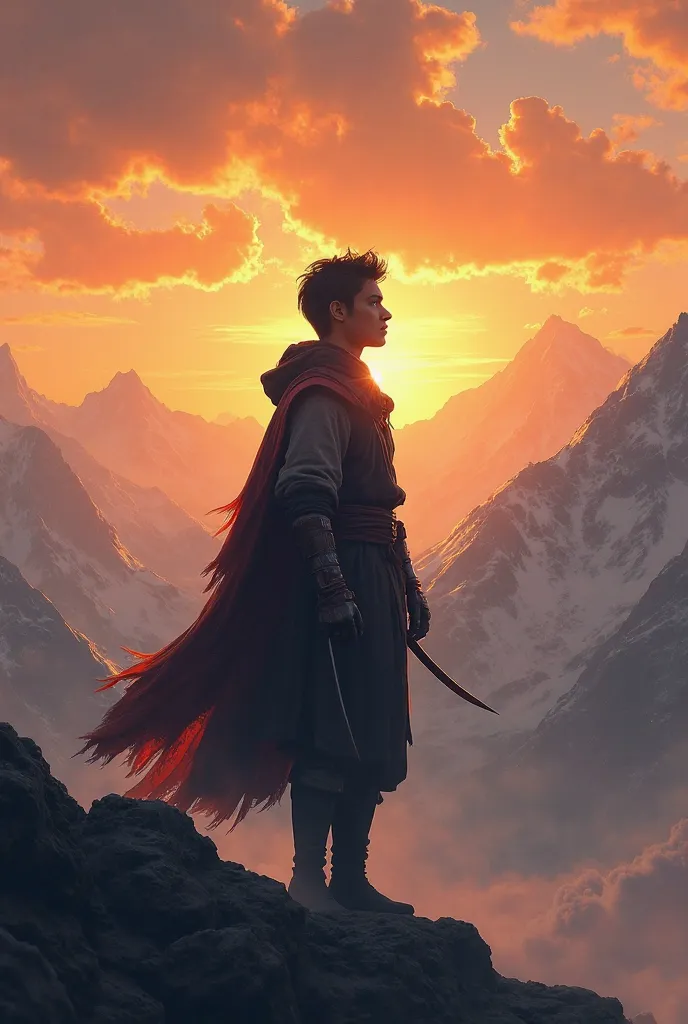 Silhouette of a young man standing on a mountain with (Clothes) of an apprentice warrior looking up at a sunset with clouds and a beautiful landscape