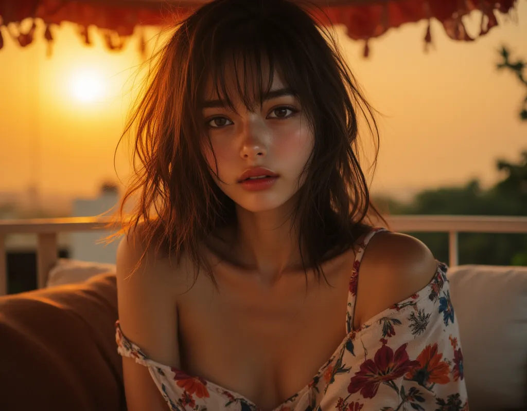  Large and prominent enormously huge breasts, Beautiful colorful sunset, Taken from a Leica m9 50mm 1.2 lovely portrait with bokeh, elegant and graceful pose, Tousled messy exquisitely detailed medium length wavy hair, Cute girl with small perky breasts in...