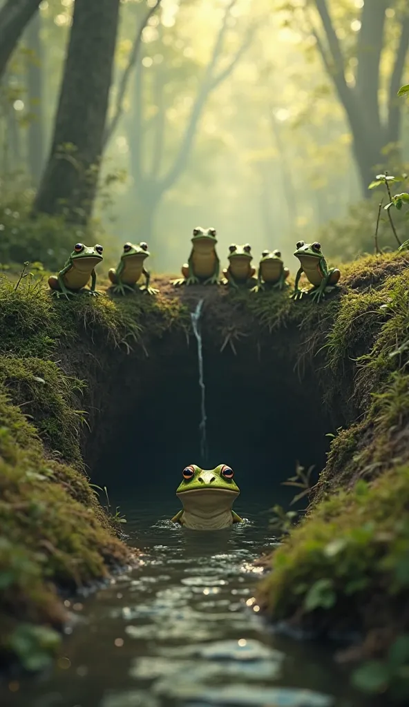 A group of frogs surround a deep hole in the forest, with mist slowly rising in the background.   A frog, looking distressed, tries to jump out from the bottom of the hole, while six other frogs watch from the edge.   The scene is bathed in soft, warm ligh...