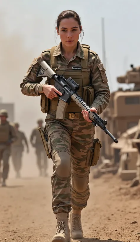 A beautiful and elegant young woman, serving as a distinguished officer in the army, strides forward with confidence and authority. Her sharp and determined gaze reflects both discipline and resilience, embodying the essence of a skilled and dedicated mili...