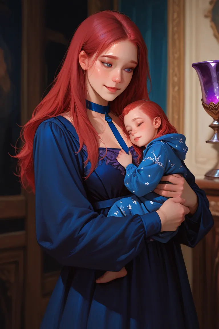 1 woman, redhead, long hair, fair skin, dark blue eyes, blue strap dress, with neckline, purple chalice, affectionate expression, holding a red-haired baby in her arms, warm and maternal environment, semi-realistic digital illustration.