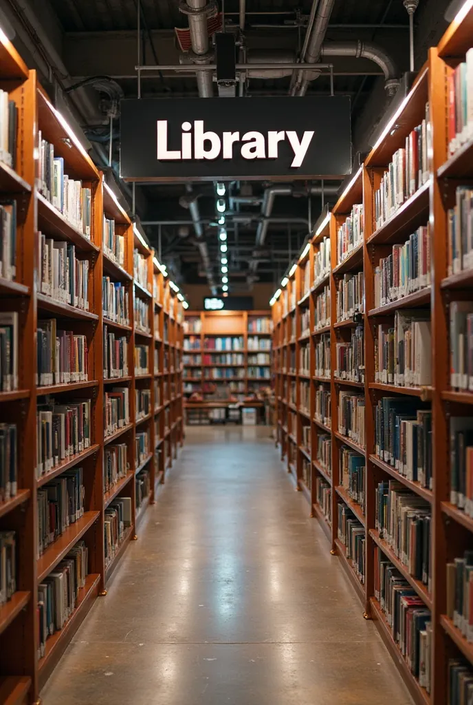 A library with bookshelves and a row of bookshelves with the word library on the top