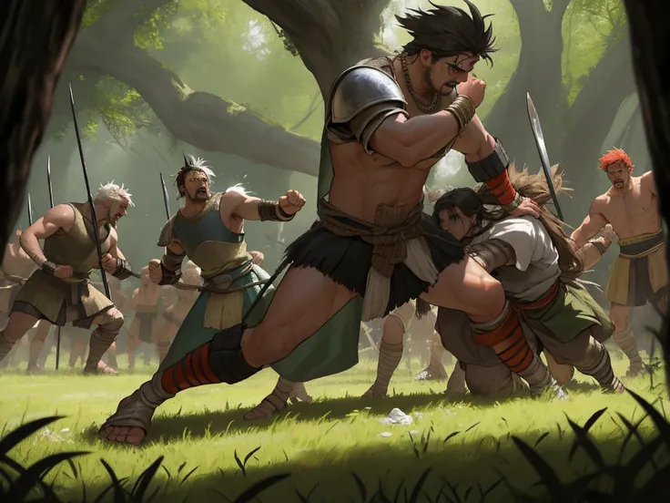 Describe an epic battle involving medieval warrior tribes, under a verdant field that is laden with battling warriors and some fallen, Shattered to the ground, and countless warriors continue to battle until their last breath, the battle needs to feel fier...