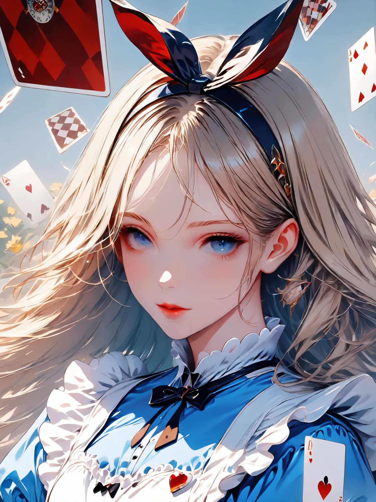 (Alice in Wonderland:1.3),  beautiful girl, background is clocks and playing cards, head band,  (Ultra High Definition), (close-up:0.6),