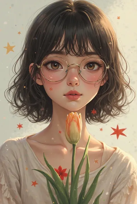 girl with glasses and hair on her shoulders without a thong with a tulip and a star 