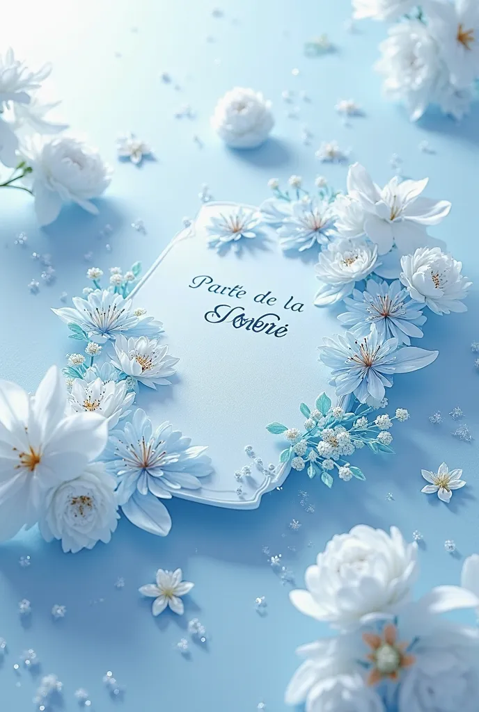 Take a picture of a flower card with the name 'Parte de las flores' in a light blue tone with subtle, subtle sparkles. The owner's name is Javier López. I would like to be as realistic as possible 