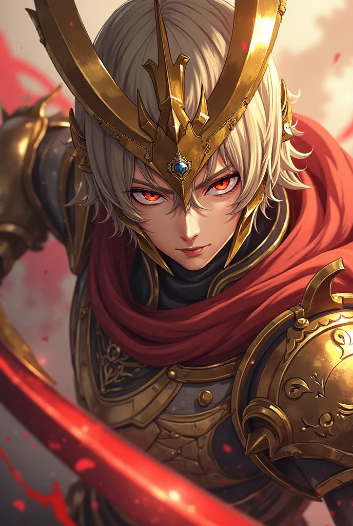 a close up of a person with a sword and armor, concept art by Okada Beisanjin, pixiv contest winner, shin hanga, gold armor, gold armor, dragon knight, keqing from genshin impact, blood red armor, genshin impact character, zhongli from genshin impact, drac...