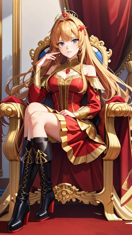 full body photo，All visible from head to toe，Golden Super Long Hair，hair accessories，Angry looking at the viewer，Red Dress Short Skirt，black high heeled boots，Princess Crown，Inside the Palace，sitting in a chair with tears flashing，Cross your legs，Bright in...