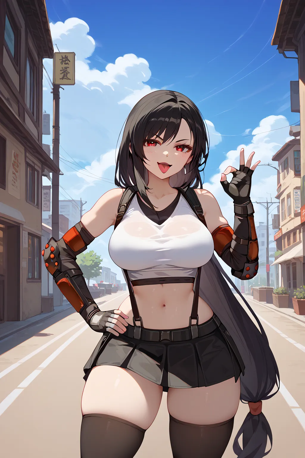 elijahzx style, score_9, score_8_up, 8k, 7rtif, red eyes, black hair, low-tied long hair, large breasts, narrow waist, wide hips, thick thighs, sports bra, black suspenders, pleated miniskirt, black thighhighs, arm guards, elbow gloves, fingerless gloves, ...