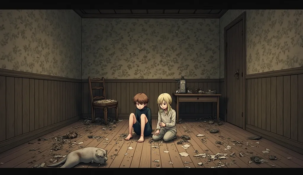   eerie atmosphere. The room features a wooden floor covered in debris and  , with a  animal lying in the foreground. Two ren, a boy and a girl, sit on the floor amidst the mess. The boy, with short brown hair and fair skin, wears a dark shirt, while the g...