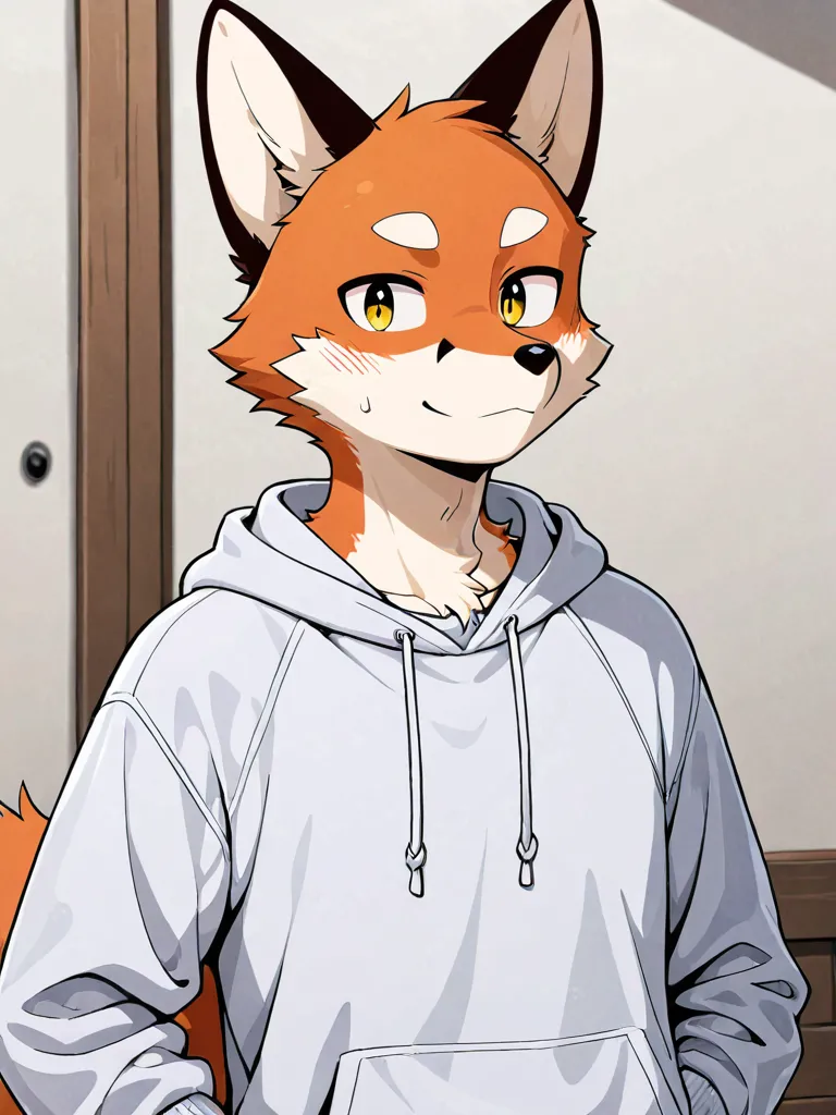 Male Furry Orange Fox , Wearing a White Blue sweatshirt