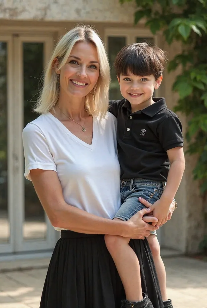 a.Woman and two ren, there are 50 years old Chanel platinum hair shoulder length beautiful green eyes, wearing a white t-shirt, And a black mid-round skirt, She is holding in her arms a  boy a boy with straight black hair with a tuft blue eyes perfect and ...