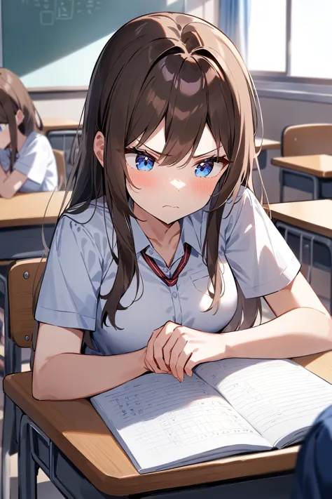 (score_9, score_8_up, score_7_up), source_anime, masterpiece, best quality, cute girl, japanese, blue eyes, brown hair, middle hair, straight hair, middle breasts, school uniform, classroom, studying, desk, annoyed, closed mouth, rest one's chin in one's h...