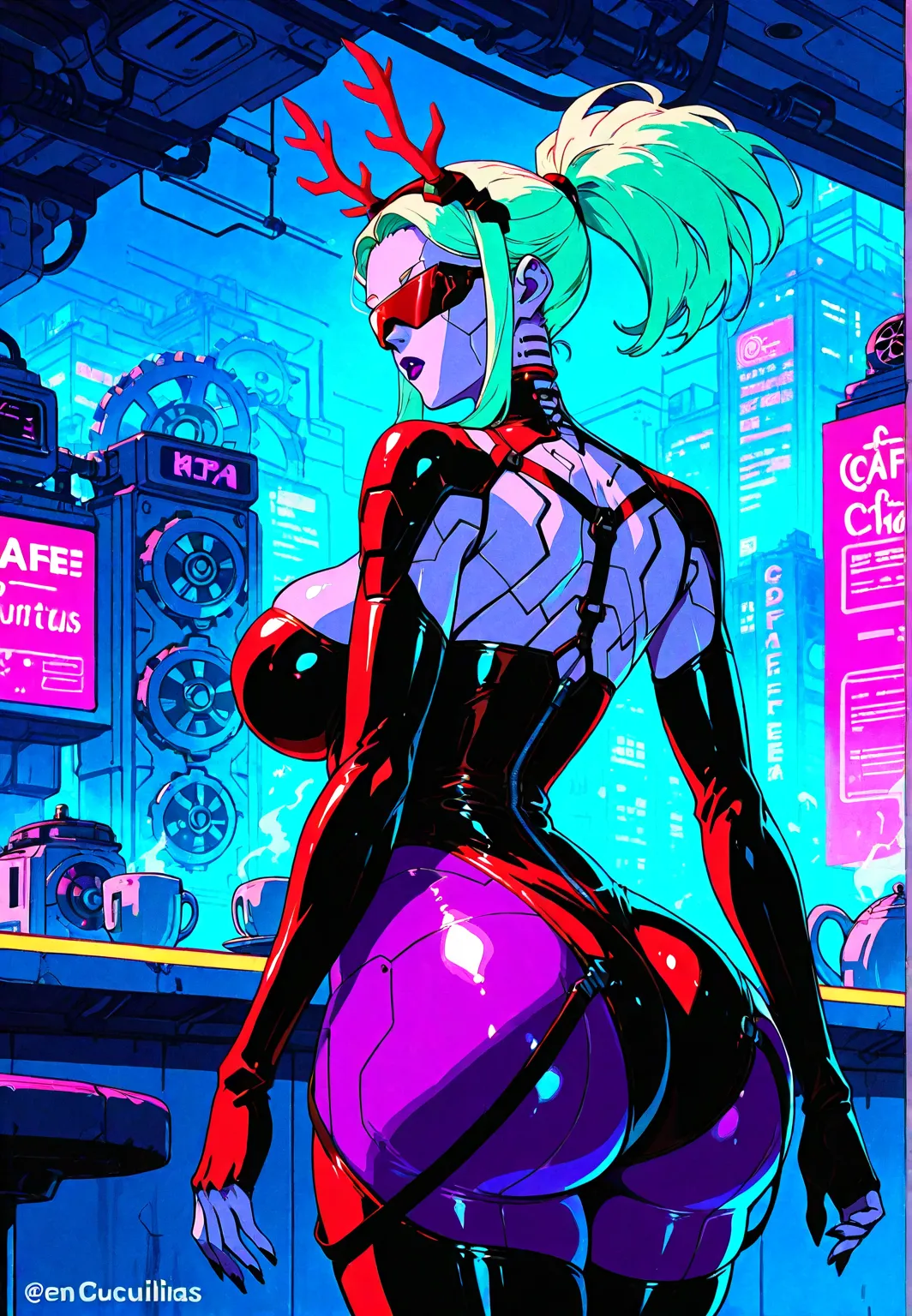  Chica demonio , purple skin, antlers , Latex costume, robotic gears, big breasts,  big ass, large hips, futuristic devices, aggressive, café, En cuclillas . bottom:  CYBERPUNK CITY. dark atmosphere