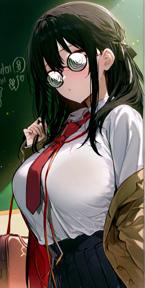  Solo, girl, needy, cocke bottle glasses,spiral glasses anime,glasses,, school outfit, cardinal,long hair,Big saggy breast,,hd, score 9, másterpiece,, bangss, mechón de pelo, ,details, hd,8k, perfect, absurd, magnific.red tie, skirt,black hair,black hair