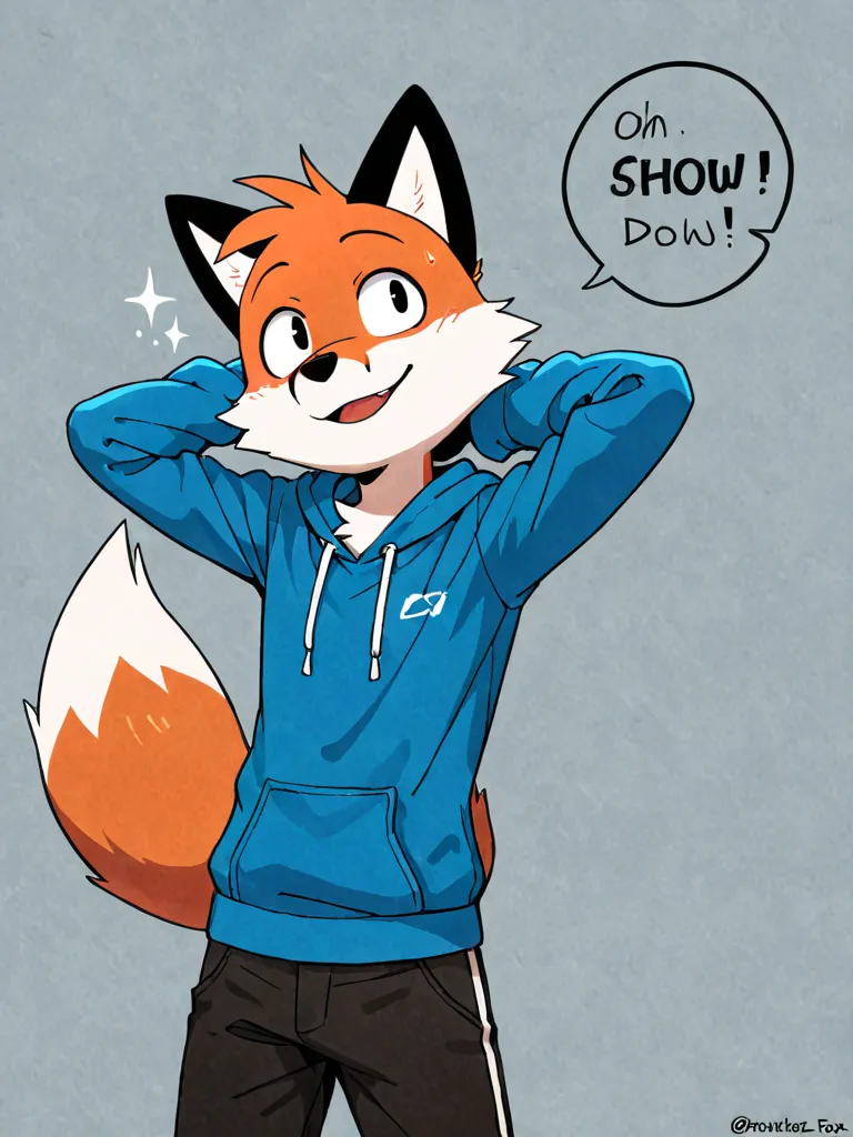 Male Furry Orange Fox , Wearing a Blue sweatshirt