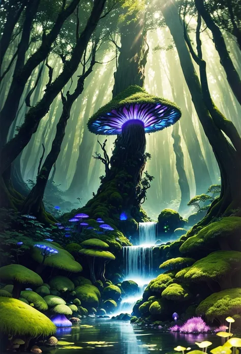 （Magical Forest 7， magical creature ，（ Glowing Mushrooms ），Sparkling waterfalls， fantasy，Leonora Carrington，Fantasy Forest， vague point of view，tree々 Sunlight Shining Through ，（The Glowing Fairy in the Back），Rich in color，Allocate，  light and shadow effect...