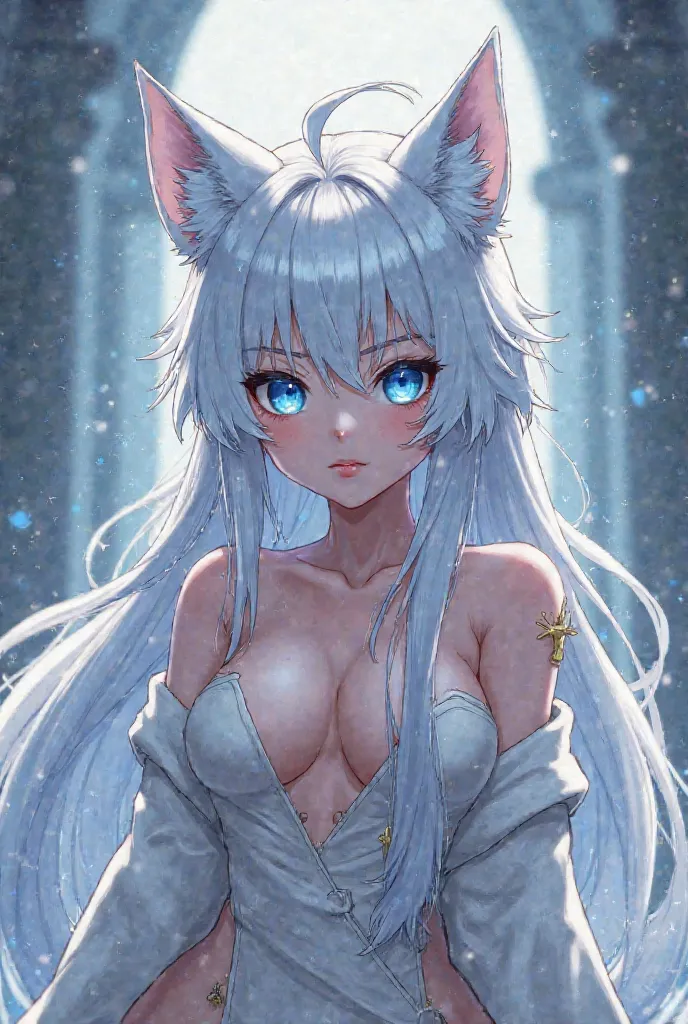 eyes: blues, hair
-: white, clothing
- Large and expressive: long, white and voluminous leather
- Ears: By Loba
- Wolf's tail: By Loba
Naked 
Big breasts 
Anime style 