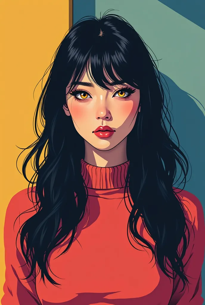 Female character with long black hair with yellow eyes with large black pupils show me what she would look like with different sweater colors and different background colors,flat color background  