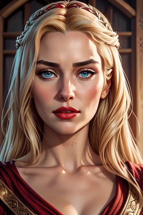 A waist-up portrait of a beautiful Caucasian female whose facial features are a combo of Cersei Lannister + Daenerys Targaryen + Margaery Tyrell + Melisandre from "Game of Thrones". The female wears a Westeros-style dress. The female has lovely makeup on h...