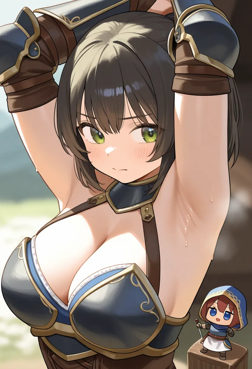 adventurer, armor (2 panels: 1.2), (3panels: 1.2), (miniature woman on the ground in front of a closeup armpit), 2girls, CLOSEUP ARMPIT, cleavage